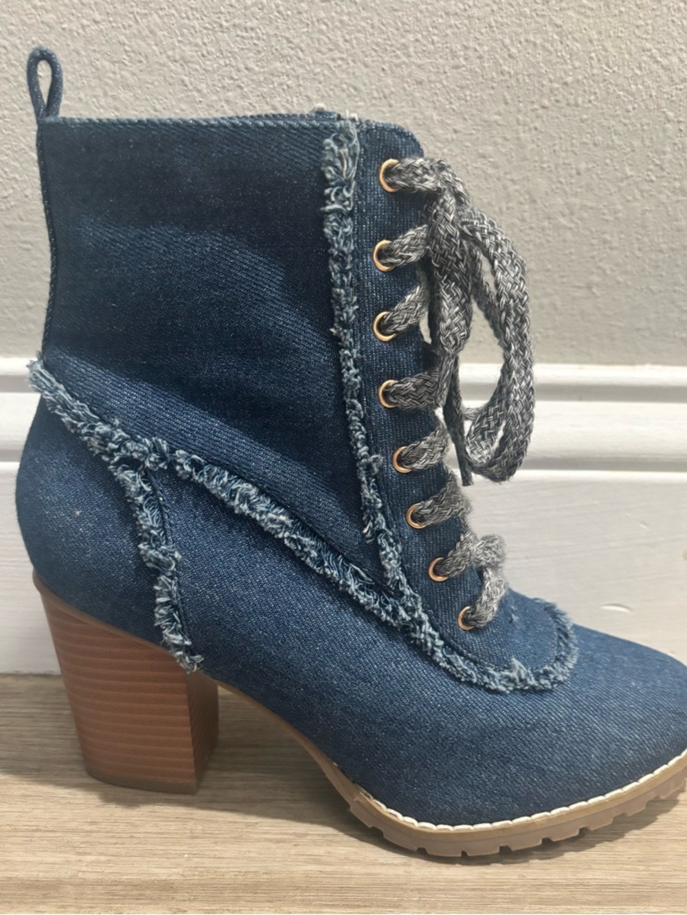 Frayed Denim Lace-Up Block Heel Ankle Boots - Blue